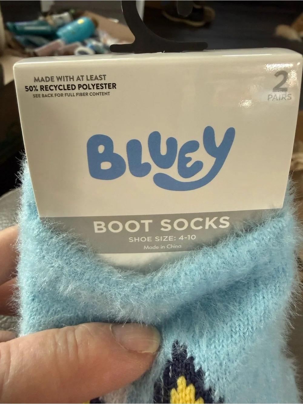 Bluey Plush Fuzzy Socks - Light Blue & White with Yellow Accent. 2 pair